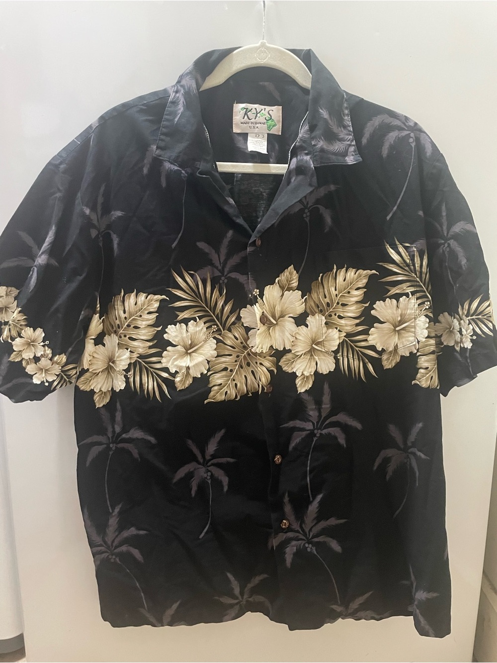KYS Shirt Mens XL Black Hawaiian Flowers Palms Camp Button Front Made In Hawaii